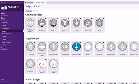 A example screen shot of OSM showing a child's badge progress from a Beaver's Colony
